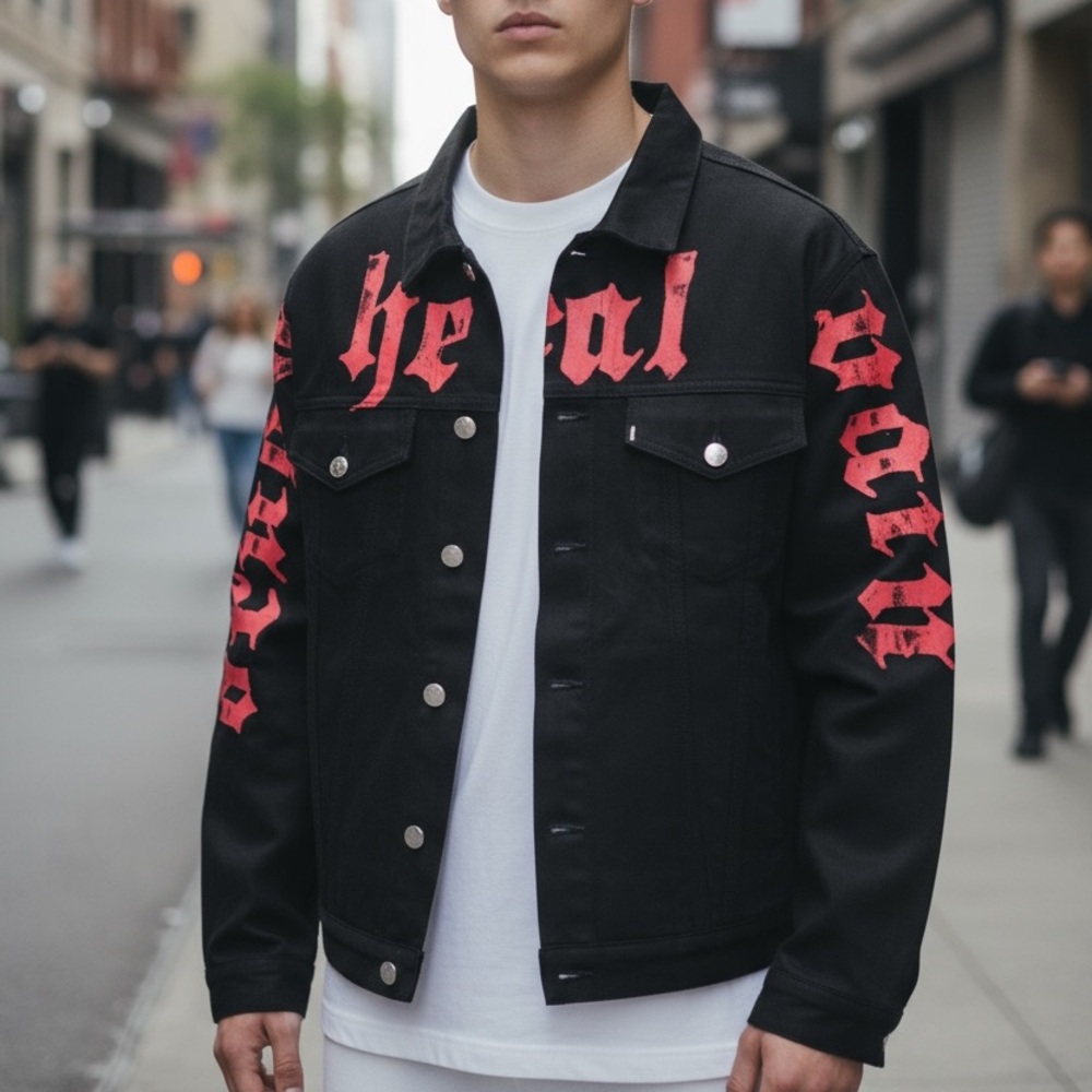 Brand new Golden ‘Drug Heal Pain’ Black Denim Jacket in Medium